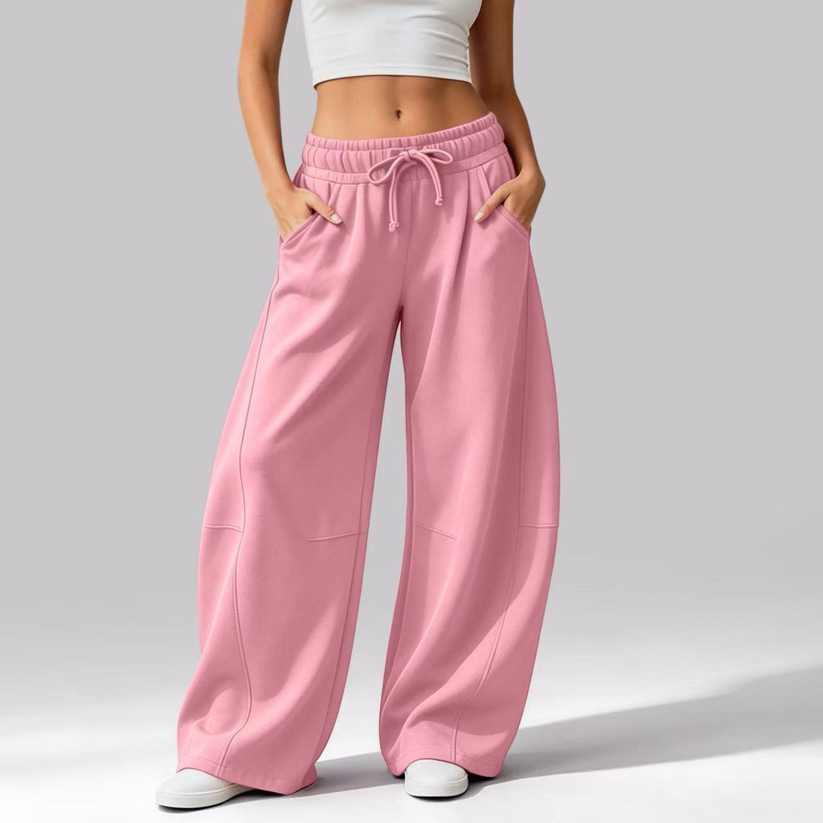 Women's Solid Color Casual Pocket Wide-Leg Pants, Fleece-Lined Drawstring Sweatpants