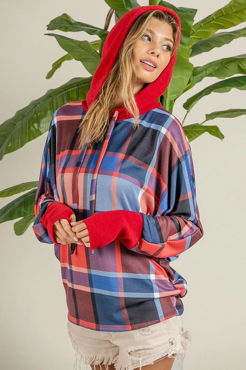 Plaid Mirr Brushed Rib Contrast Thumb Open Hoodie
