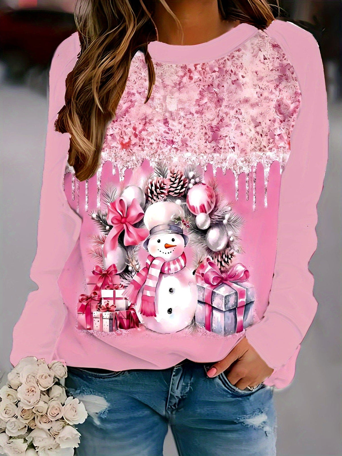 Christmas Themed Printed Women's Sweatshirt, Round Neck, Long Sleeves, Loose Casual Style, 3D Pattern, New Autumn And Winter Model