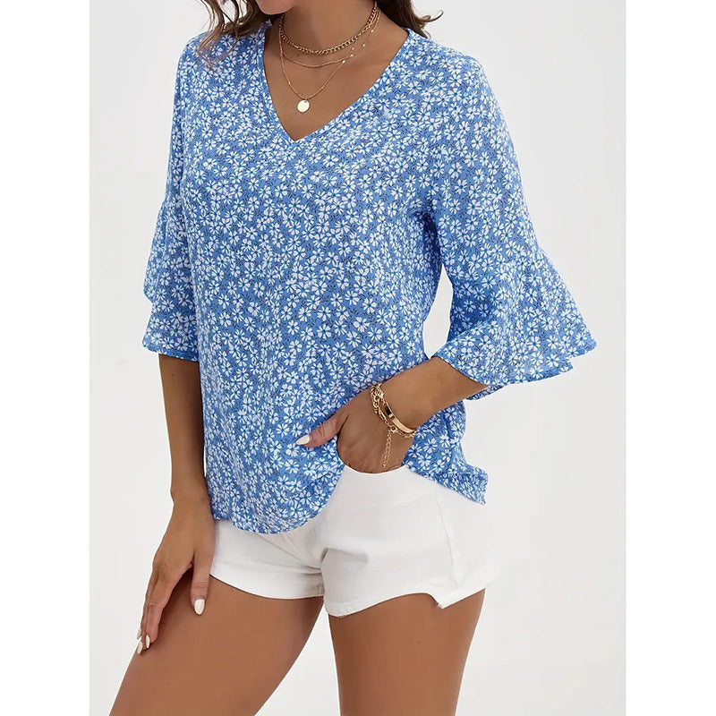Blusas de verano con estampado floral y cuello en V para mujer con manga acampanada