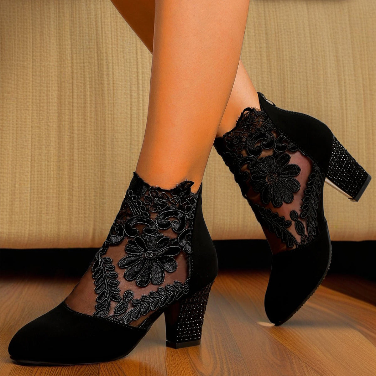 Botines de tacón grueso de malla bordados con encaje para mujer