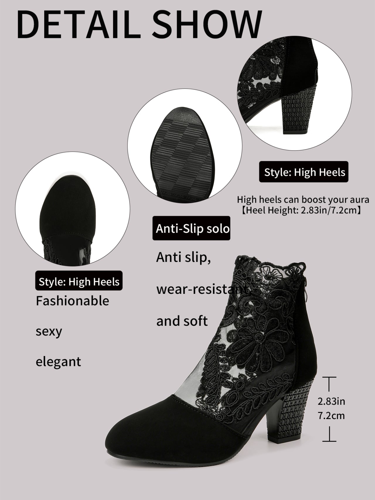 Botines de tacón grueso de malla bordados con encaje para mujer