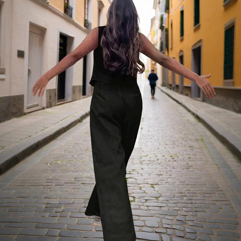 Conjunto de chaleco con botones y cuello en V y pantalón de talle alto para mujer