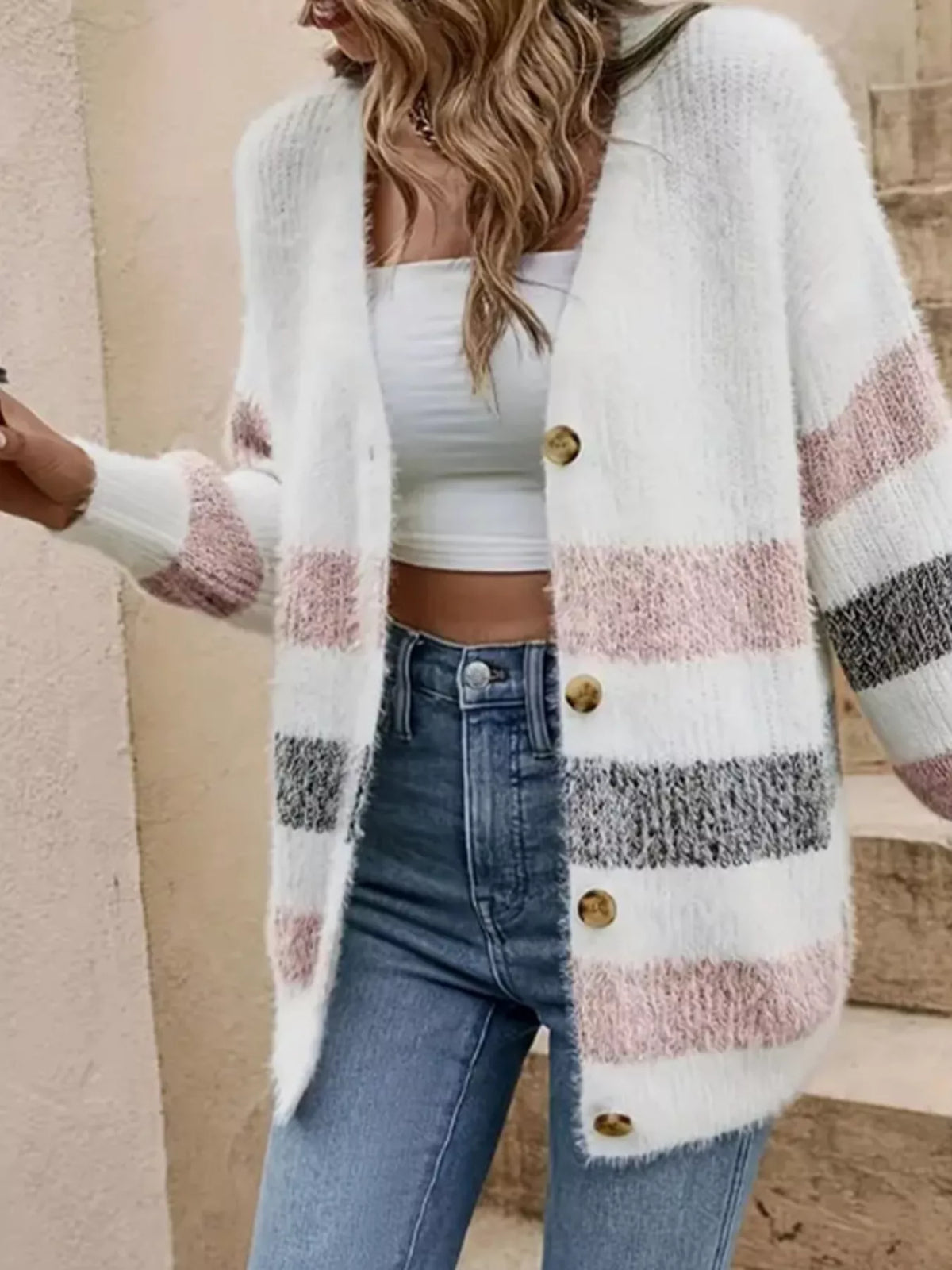 Striped Fuzzy Knit Button-Up Cardigan