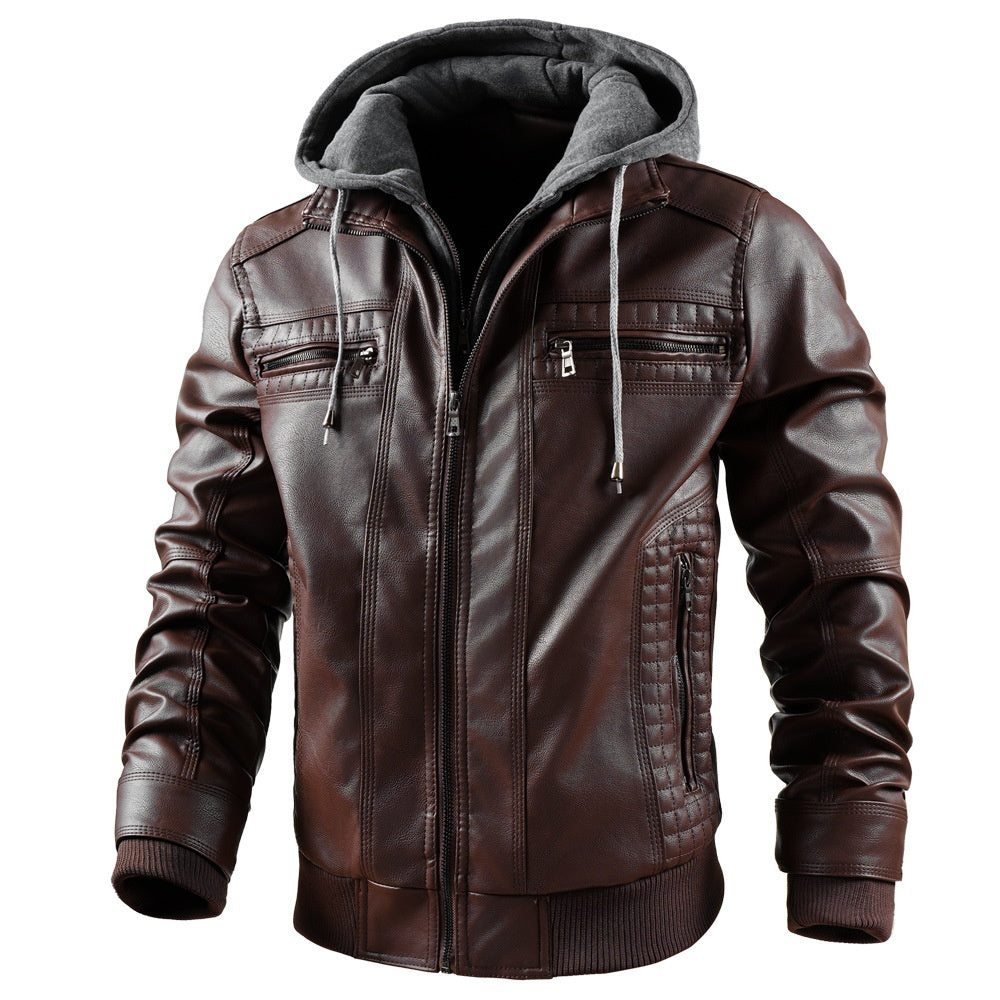 Hooded Jacket With Zipper Pockets Fashion Warm Pu Leather Coat Mens Clothing