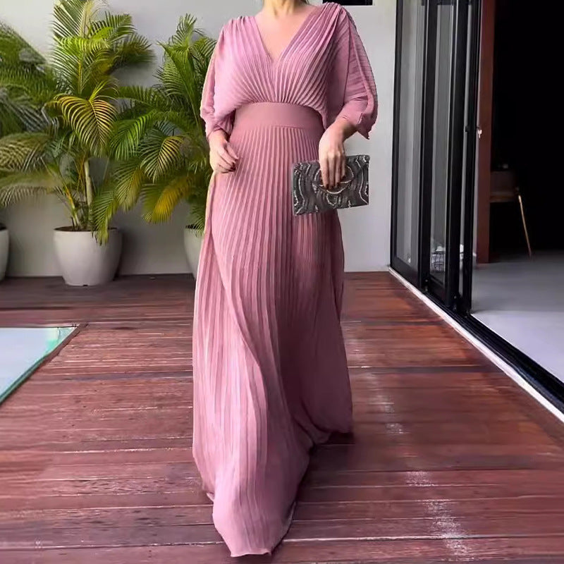 Women's Solid Color And V-neck Bat Sleeve High Waist Dress See size chart under “more details”