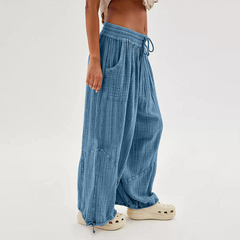 Pantalones de pernera ancha de color liso para mujer – Cintura elástica con cordón y bolsillos laterales
