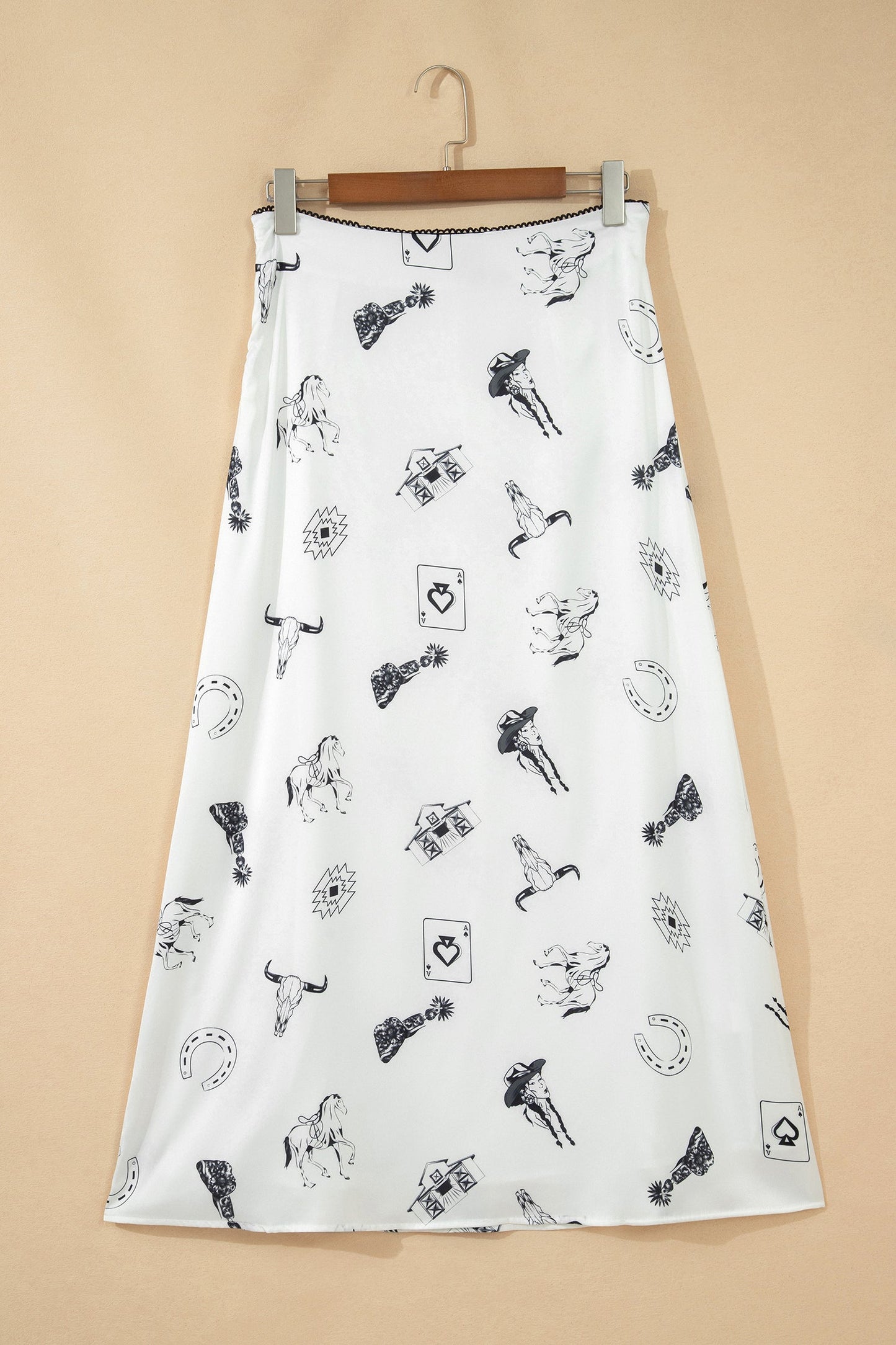 White Western Print Satin Long Skirt