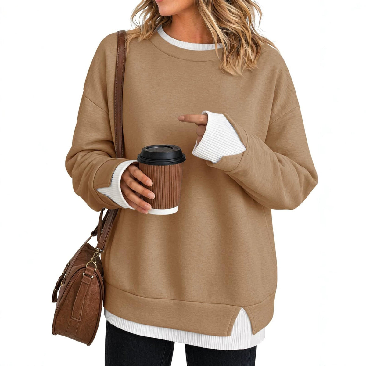 New Fallwinter Womens Crew-neck Color-block Long-sleeve Sweatshirt