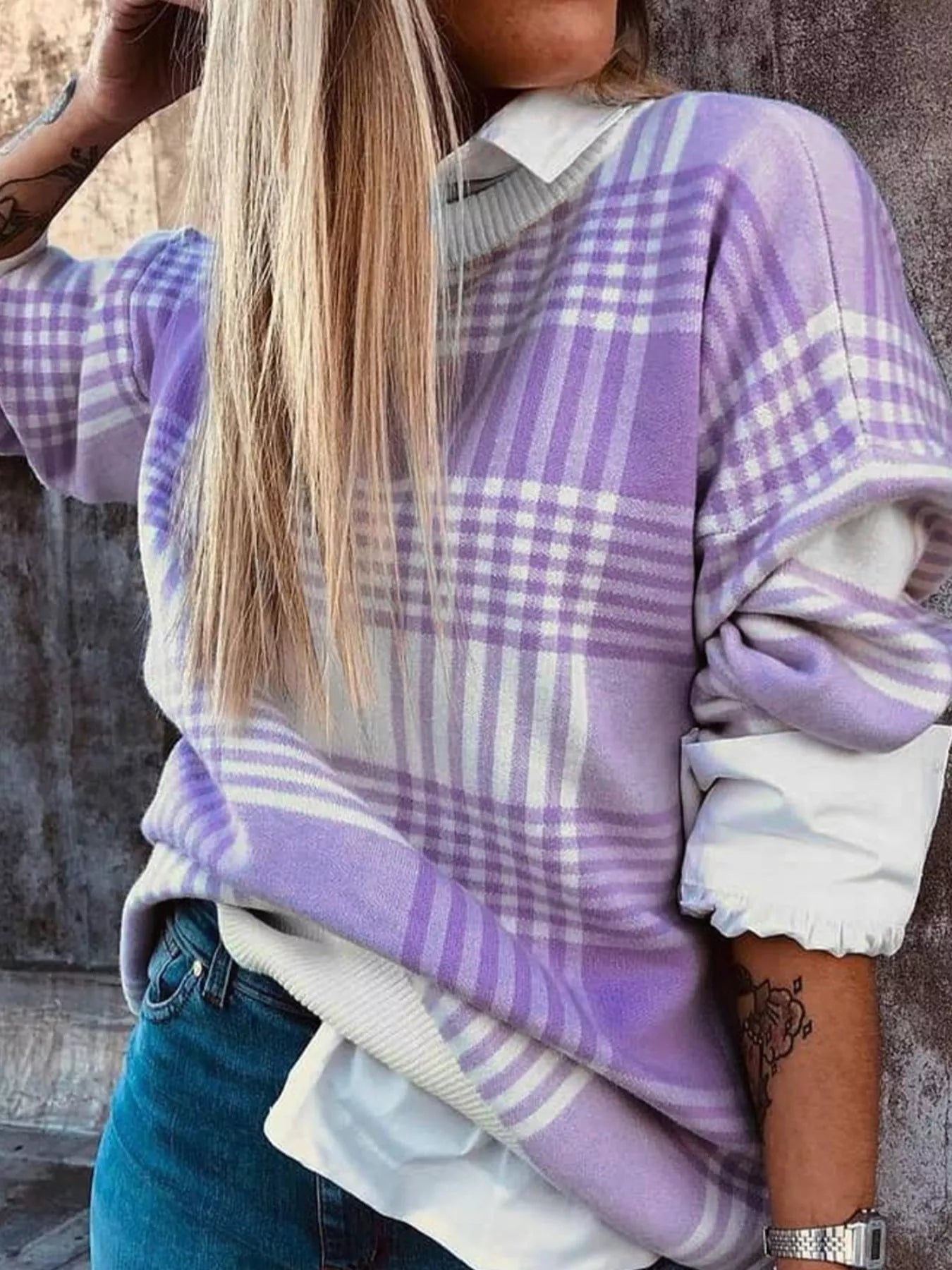 Plaid Round Neck Long Sleeve Sweater