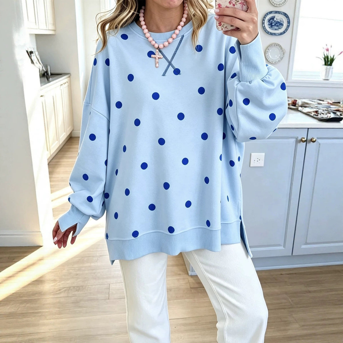 Womens Polka-Dot Print Pullover Long-Sleeve Sweatshirt