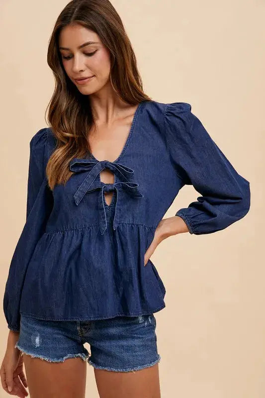 Top vaquero peplum para mujer Top vaquero peplum - Azul marino - Estilo Annie Wear