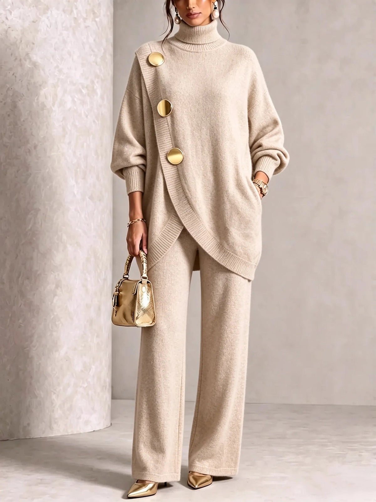 Women's Asymmetric High-Neck Sweater & Wide-Leg Pants Set
