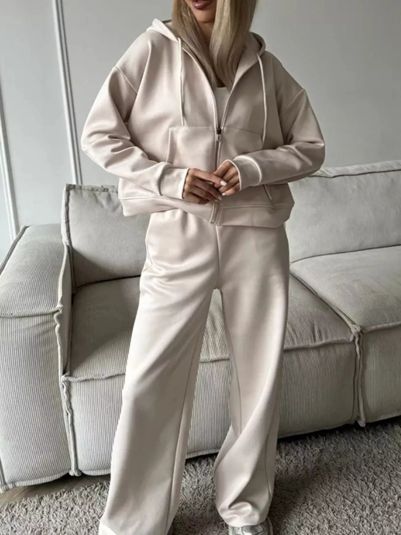 Zip-Up Hoodie and Wide-Leg Pants Set