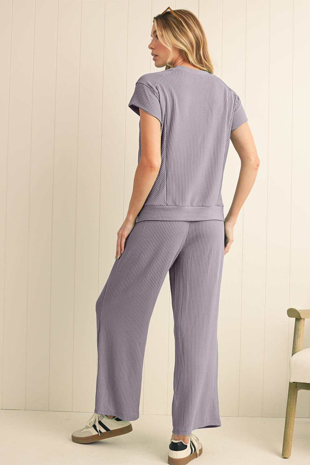 Wild Wind Solid Corded Short Sleeve Shirt and Wide Leg Pants Set