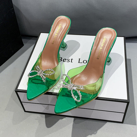 Zapatos de tacón alto para mujer de talla grande con hebilla de diamantes de imitación y lazo grande para boda, sandalias de tacón alto de cristal rojo. Consulta la tabla de tallas en "más detalles"