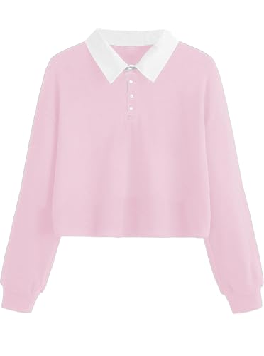 Natalie Winters Dress - Remidoo Women's Collared Half Button Long Sleeve Striped Crop Top Sweatshirt