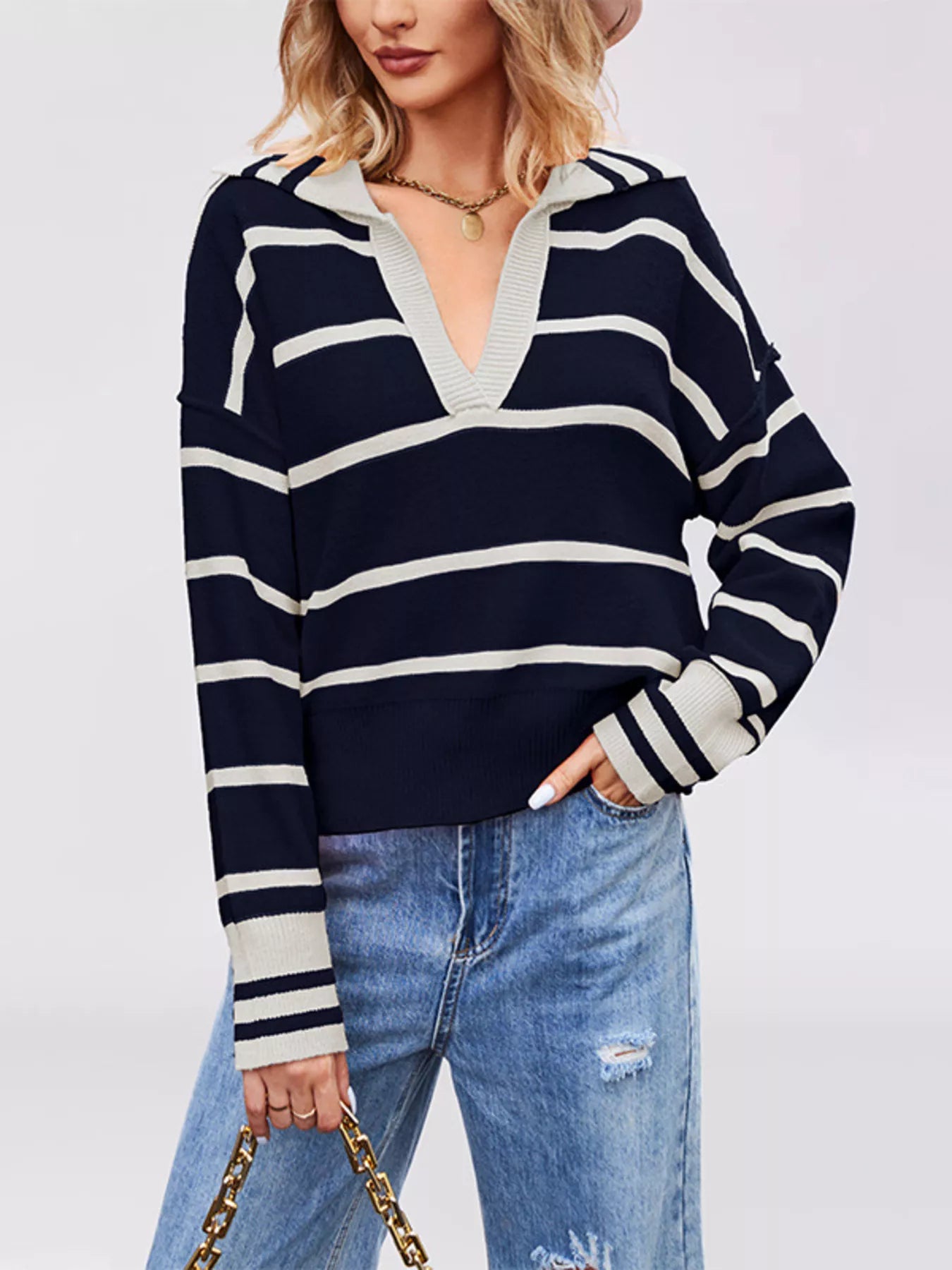 Striped Johnny Collar Dropped Shoulder Sweater