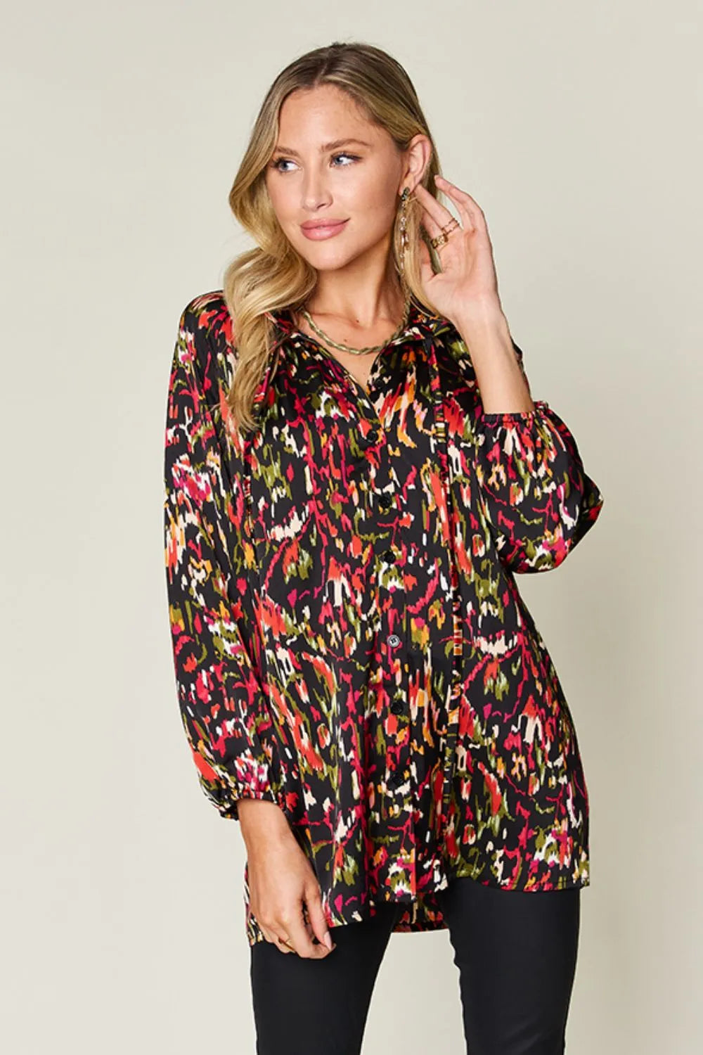 Camisa abotonada de manga larga estampada Full Size Double Take