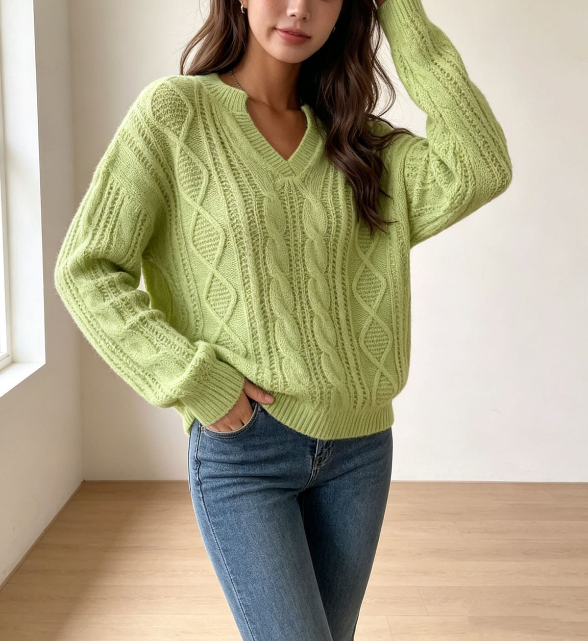 Women's Fashion Cable-knit Sweater With A Half-placket Neckline
