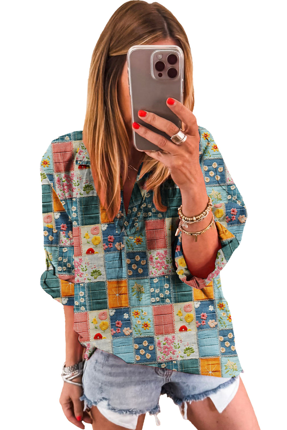 Blusa escote en V con cuello y retazos florales azul cielo
