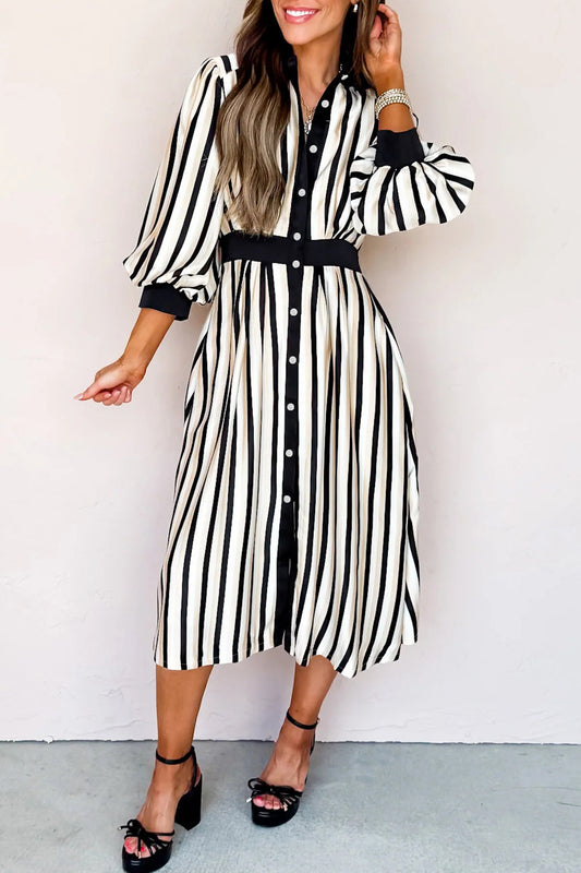 Vestido midi abotonado estilo camisa con mangas abullonadas 3/4 y raya negra