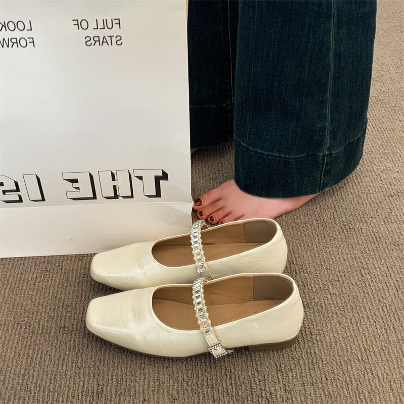 Women Minimalist Elegant Metallic Leather Flats, Square Toe Single Crystal Rhinestone Strap Slip On Lightweight Flat Casual Office Commuting Dress Shoes