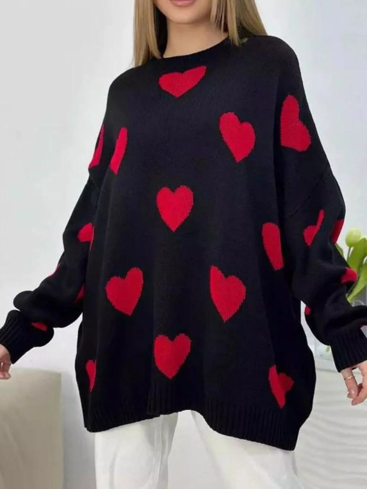 Heart Round Neck Oversized Knit Sweater