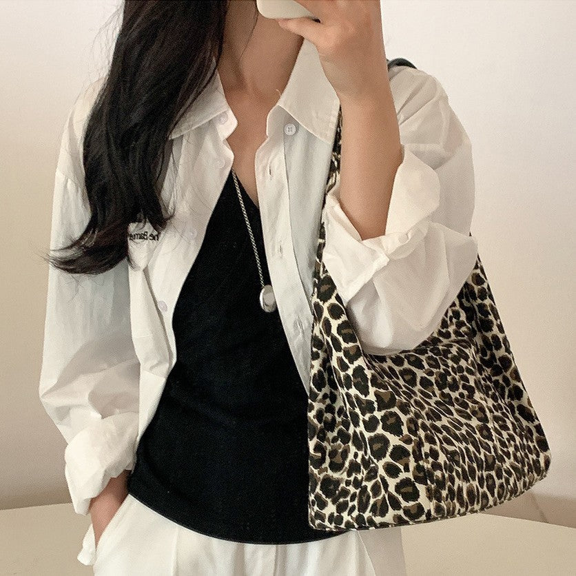 Leopard-Print Casual Shoulder Tote Handbag