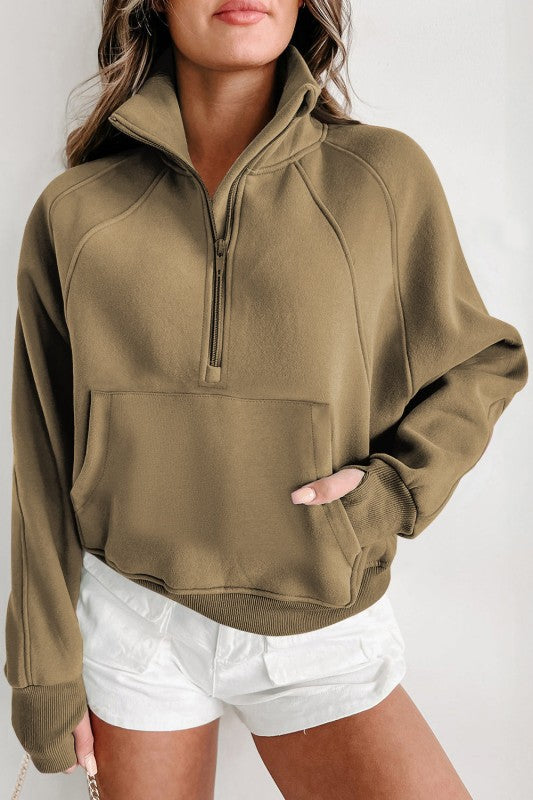 Sudadera de cuello medio con cremallera y forro polar liso