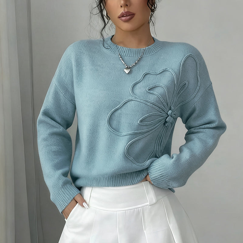 Suéter elegante floral para mujer - Jersey informal de manga larga con cuello redondo