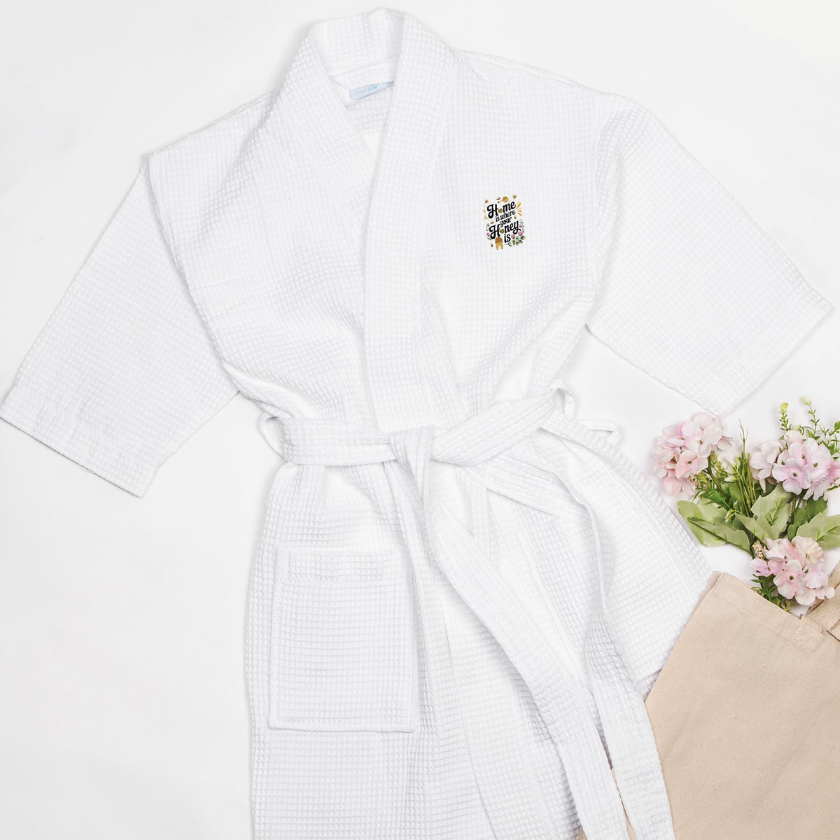 Home is Where Your Honey Is Waffle Weave Kimono Robe - Thigh Length