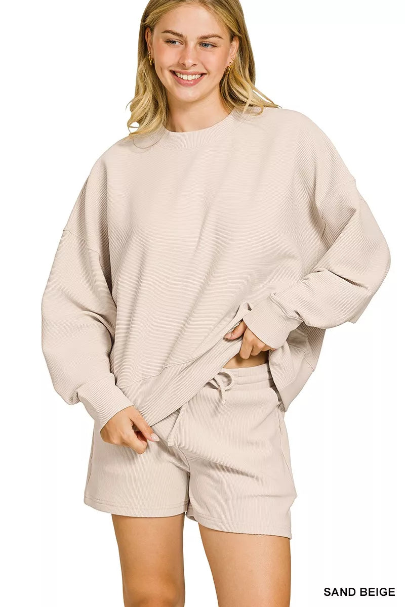 Zenana Ribbed Round Neck Pullover and Shorts Set in Beige