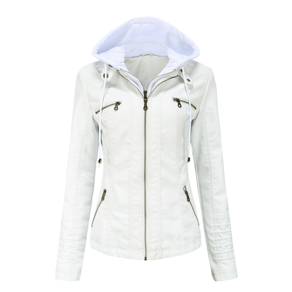23 European And American Cross-border Hooded Leather Jacket Two-piece Set Removable Large Size Leather Jacket Women's Spring And Autumn Coat Women's PU Wash Leather