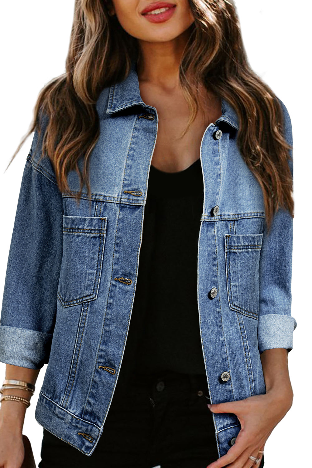 Chaqueta vaquera oversize con bolsillo, lavada a la piedra, a rayas azules