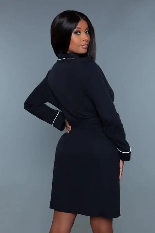 Waffle Robe Dress Waffle Knit - Black