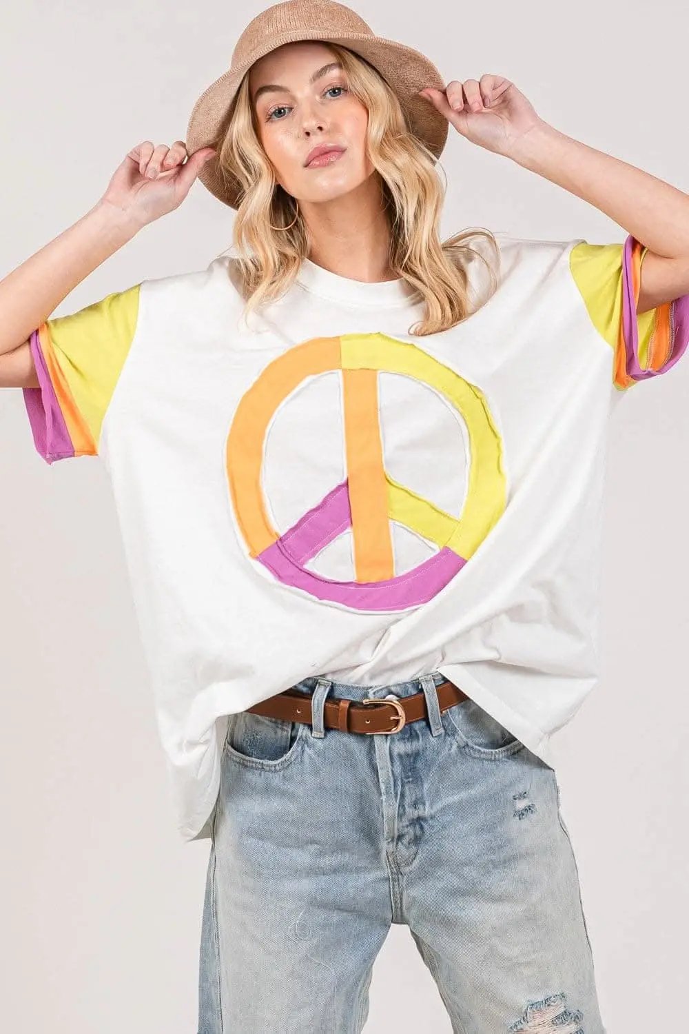 Shorts Trendsi Color Block Peace Tee Women's Casual T-Shirt Soft & Comfy
