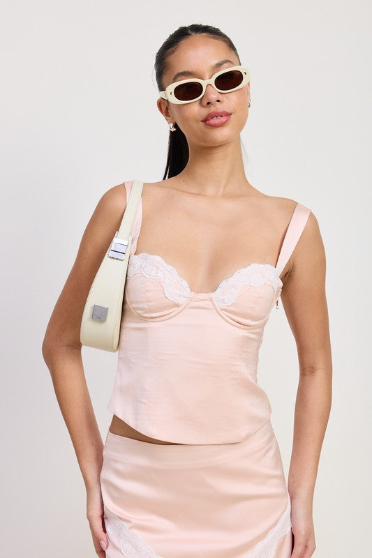 SATIN BUSTIER TOP WITH LACE DETAIL