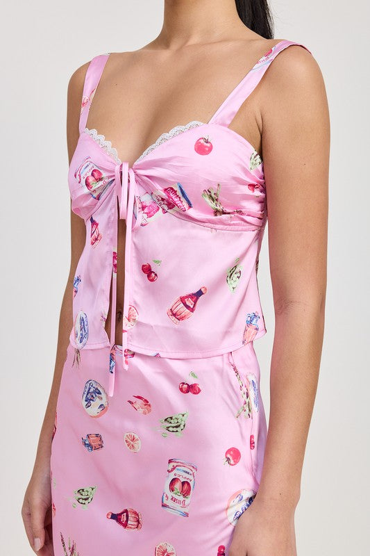 PRINTED SATIN FLY AWAY TOP WITH LACE TRIM