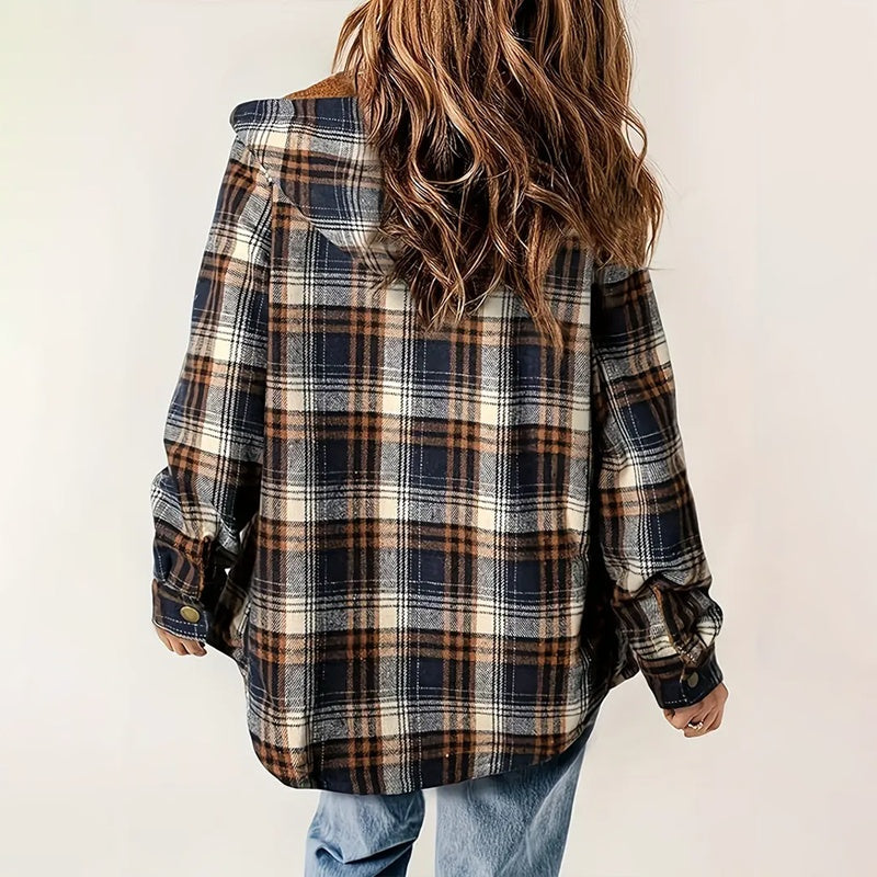 Chaqueta de manga larga a cuadros con botones para mujer