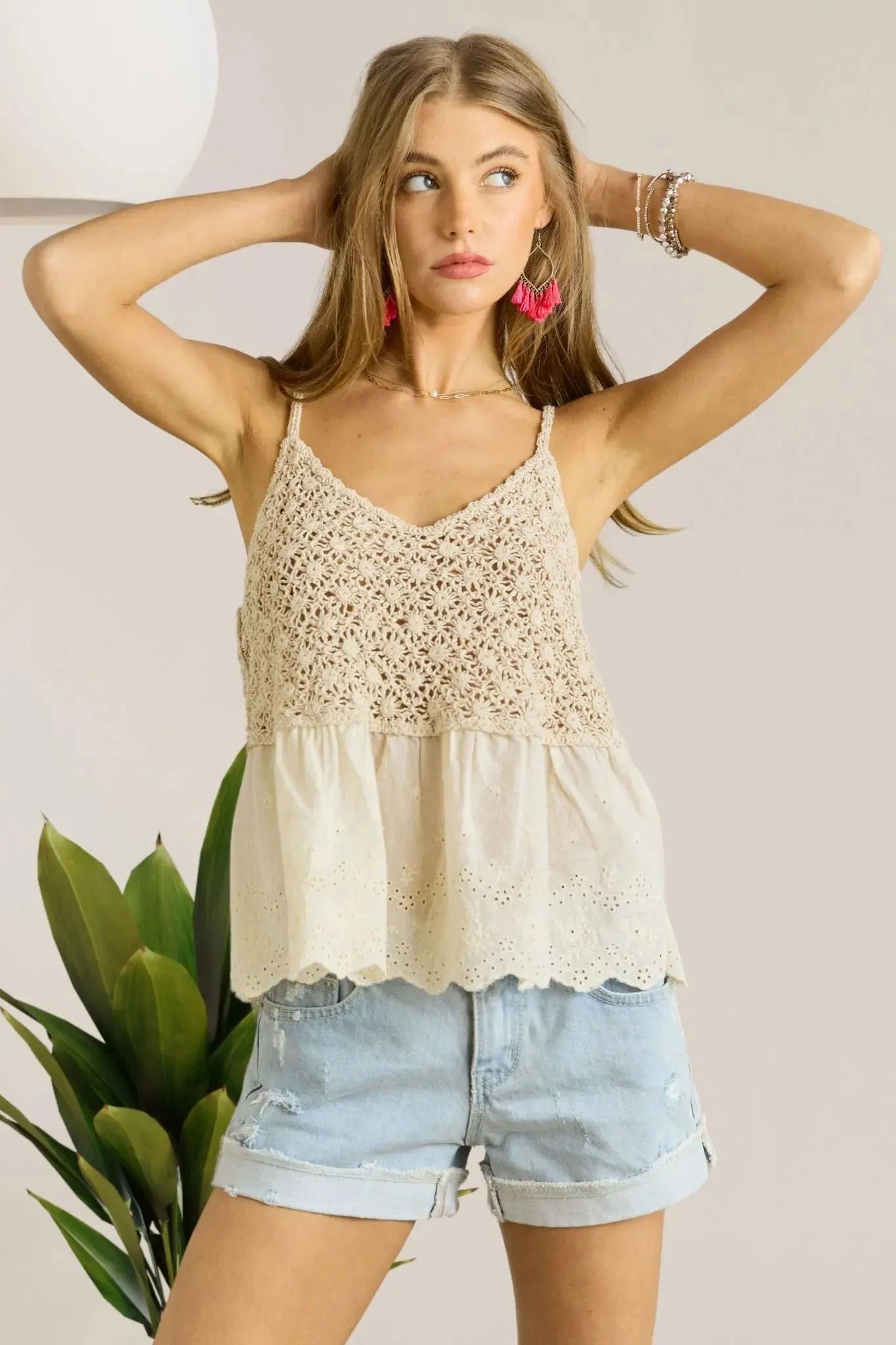 Crochet Tank Top Crochet V-Neck Tank Top - Beige