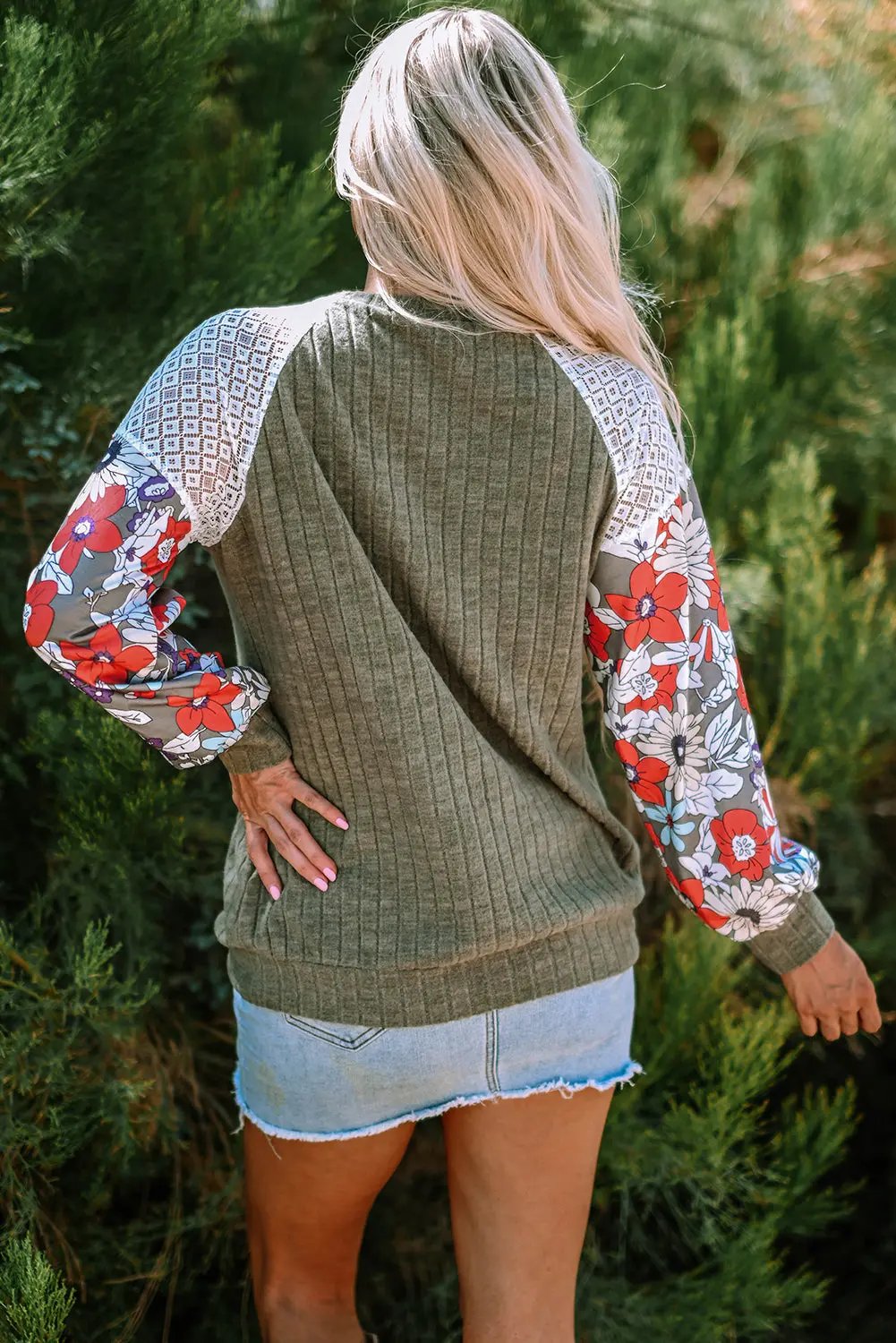 Women's Blouse Blouse - Patchwork Ribbed Long Sleeve Floral Top