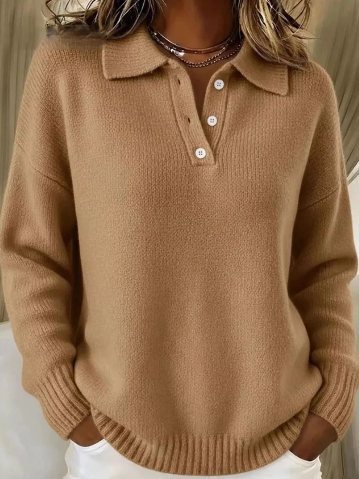 Full Size Half Button Collar Drop Shoulder Sweater Plus Size