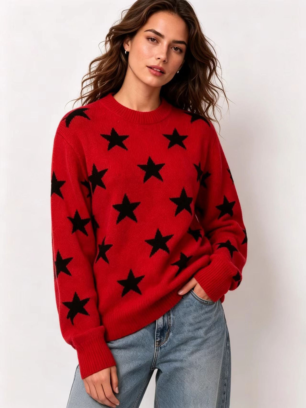 Womens Retro American-Style Star Jacquard Crew-Neck Sweater