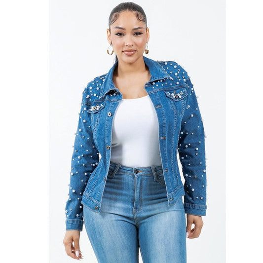Radiant Pearls Rhinestone Jean Jacket DD See size chart under “more details”