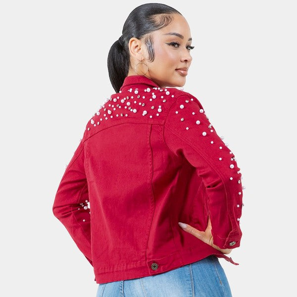 Chaqueta vaquera Radiant Pearls con adornos de diamantes de imitación - Rojo. Ver tabla de tallas en "más detalles".