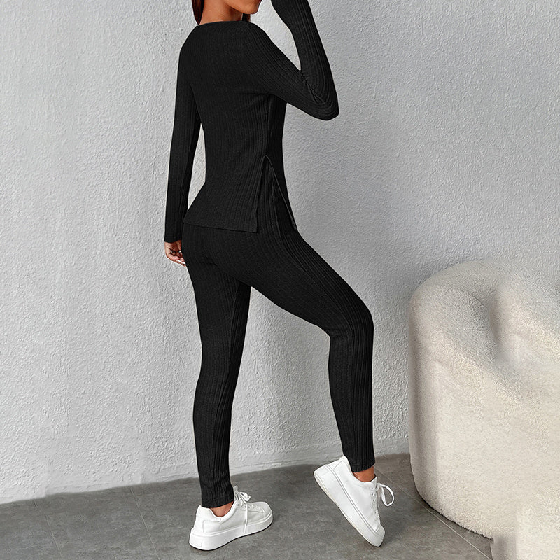 Conjunto de salón de camiseta de manga larga y pantalón de punto acanalado para mujer