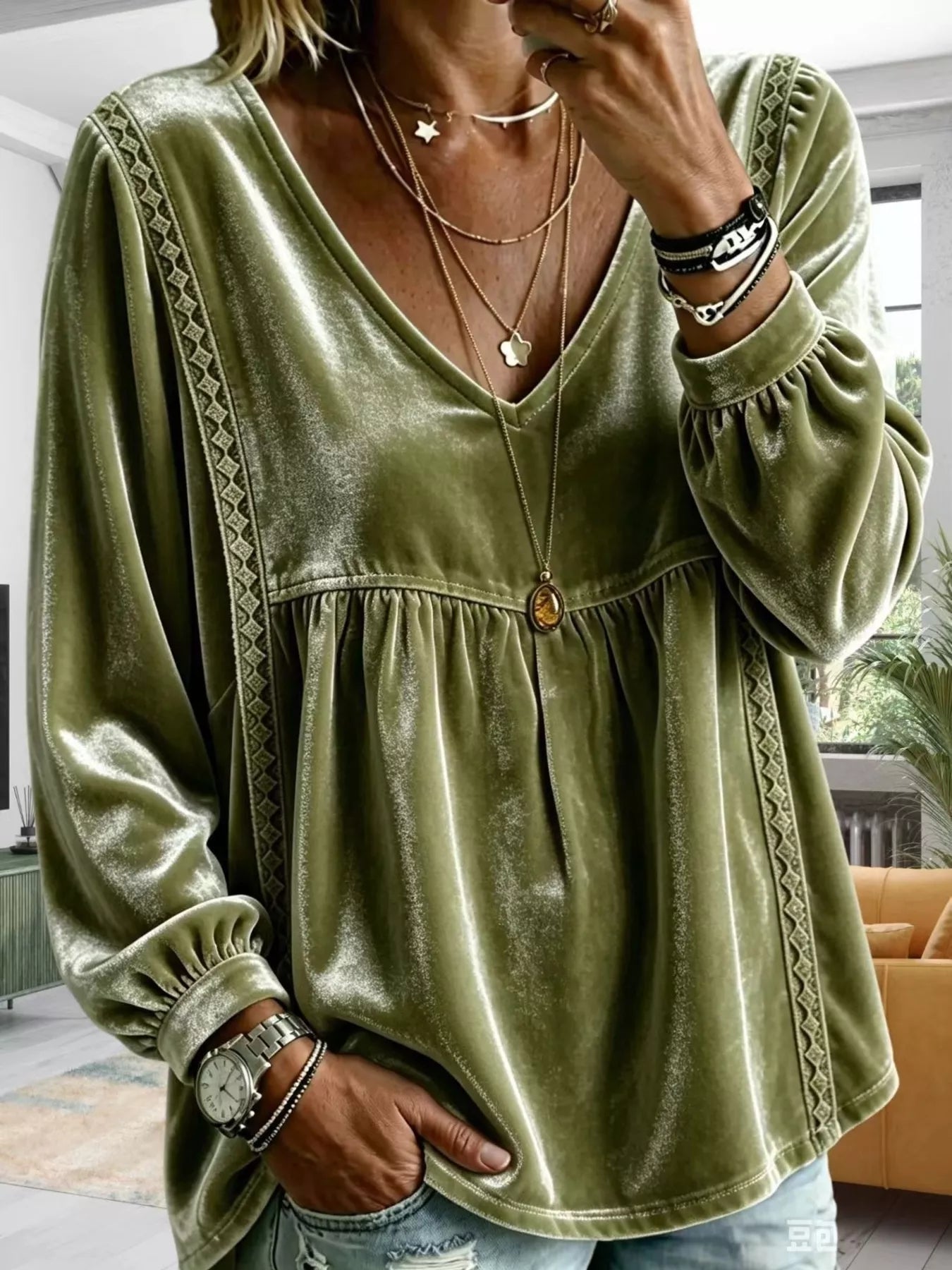 Full Size Velvet Lace Detail V-Neck Blouse Plus Size