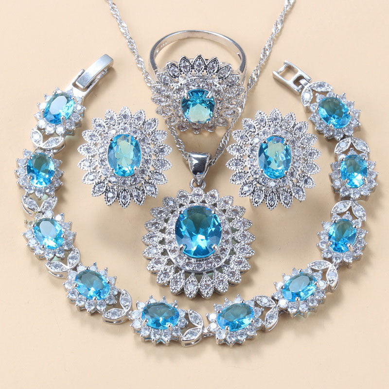 Garnet Cubic Zirconia Earrings Pendant Necklace Bracelet Ring Gift 4 PCs Set