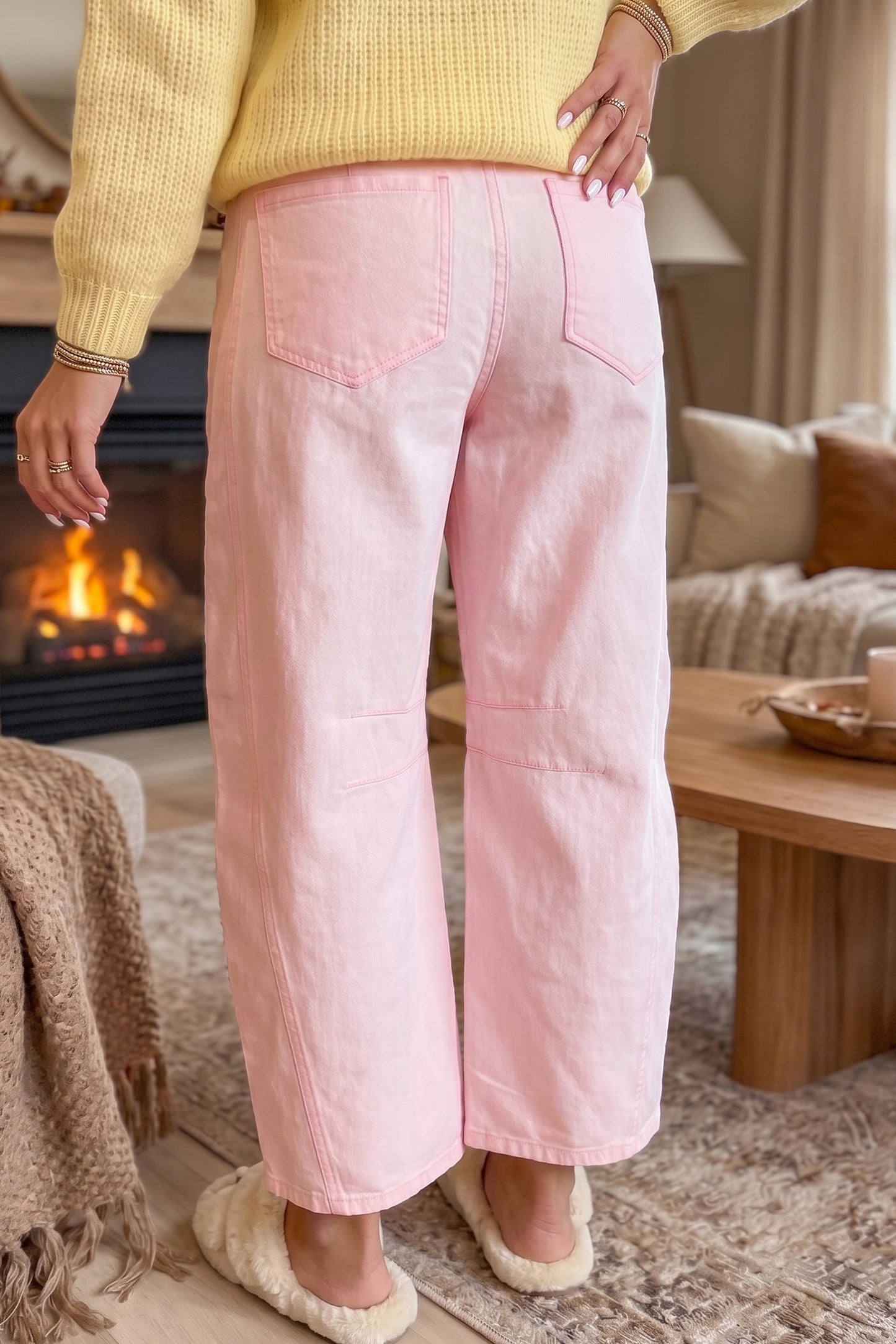 Light Pink Solid Color Grommet Detail Knot Waist Barrel Jeans